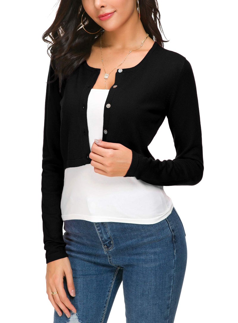 EXCHIC Women's Cropped Knit Cardigan Sweater Long Sleeve Button Down Open Front Bolero Shrug for Spring and Fall (L, Black) - Image 3